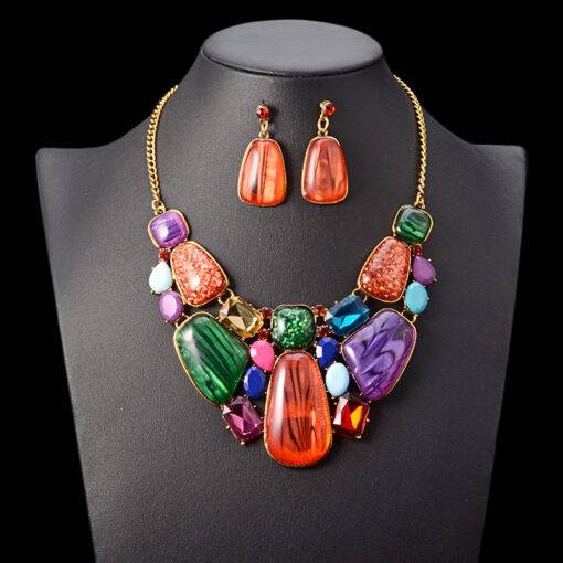 Multiсolor Gems Statement Necklace and Earrings Set JEWELRY & ORNAMENTS Jewelry Sets cb5feb1b7314637725a2e7: Multicolor|Red