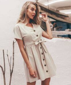 Cotton Casual V-Neck Dress Dresses & Jumpsuits FASHION & STYLE cb5feb1b7314637725a2e7: Apricot|Brick Red|Gray Green 