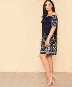 Women’s Plus Size Floral Embroidery Off Shoulder Dress Dresses & Jumpsuits FASHION & STYLE cb5feb1b7314637725a2e7: Navy Blue 