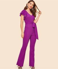 Women’s Ruffle Sleeve Purple Flared Jumpsuit Dresses & Jumpsuits FASHION & STYLE cb5feb1b7314637725a2e7: Purple 
