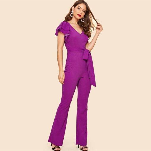Women’s Ruffle Sleeve Purple Flared Jumpsuit Dresses & Jumpsuits FASHION & STYLE cb5feb1b7314637725a2e7: Purple