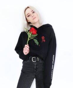 Women’s Rose Printed Black Hoodie FASHION & STYLE Sweaters & Sweatshirts cb5feb1b7314637725a2e7: Black 