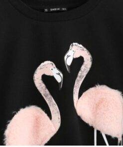 Women’s Flamingo Printed Fur Sweatshirt FASHION & STYLE Sweaters & Sweatshirts cb5feb1b7314637725a2e7: Black 