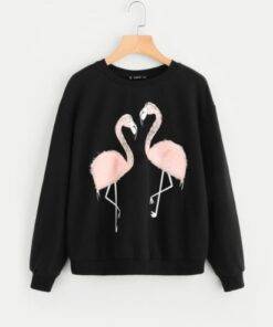 Women’s Flamingo Printed Fur Sweatshirt FASHION & STYLE Sweaters & Sweatshirts cb5feb1b7314637725a2e7: Black