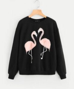 Women’s Flamingo Printed Fur Sweatshirt FASHION & STYLE Sweaters & Sweatshirts cb5feb1b7314637725a2e7: Black