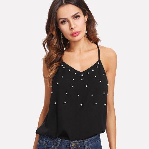 Women’s Pearl Beaded Cami Top Camisoles & Thermals FASHION & STYLE cb5feb1b7314637725a2e7: Black