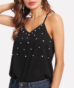 Women’s Pearl Beaded Cami Top Camisoles & Thermals FASHION & STYLE cb5feb1b7314637725a2e7: Black 