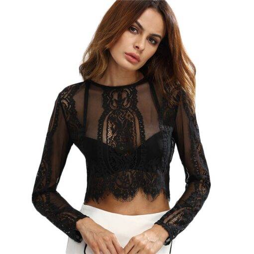 Long-Sleeved Black Lace Women’s Crop Top Camisoles & Thermals FASHION & STYLE cb5feb1b7314637725a2e7: Black