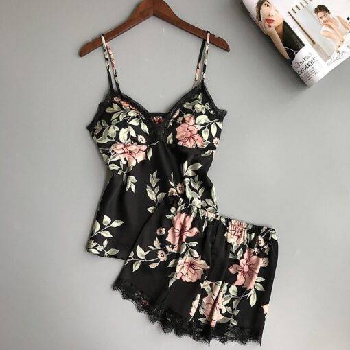 Women’s Floral Printed Lace-Trim Pajama Set FASHION & STYLE Sleepwear cb5feb1b7314637725a2e7: Black|Blue|Pink