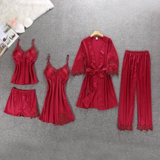 Women’s Winter Silk Pajama 5 pcs Set FASHION & STYLE Sleepwear cb5feb1b7314637725a2e7: Black|Blue|Navy|Pink|Red