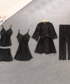 Women’s Winter Silk Pajama 5 pcs Set FASHION & STYLE Sleepwear cb5feb1b7314637725a2e7: Black|Blue|Navy|Pink|Red 