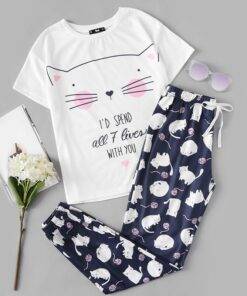 Women’s Kawaii Cat Printed Sleepwear FASHION & STYLE Sleepwear cb5feb1b7314637725a2e7: White Blue