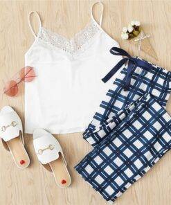 Women’s Plaid Print White Pajama Set FASHION & STYLE Sleepwear cb5feb1b7314637725a2e7: White 