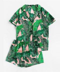 Women’s Tropical Print Shirt and Shorts Sleeping Set FASHION & STYLE Sleepwear cb5feb1b7314637725a2e7: Green 