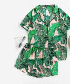 Women’s Tropical Print Shirt and Shorts Sleeping Set FASHION & STYLE Sleepwear cb5feb1b7314637725a2e7: Green