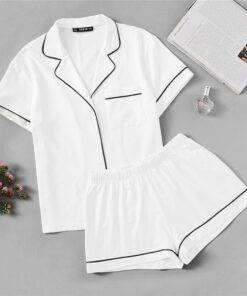 Women’s White Piping Shirt and Shorts Pajama Set FASHION & STYLE Sleepwear cb5feb1b7314637725a2e7: White 