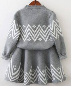 Girl’s Geometric Pattern Warm Cardigan and Skirts Set Children & Baby Fashion FASHION & STYLE cb5feb1b7314637725a2e7: Black and White|Gray|Pink 