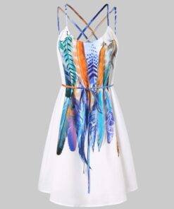 Women’s Strappy Feathers Printed Dress Dresses & Jumpsuits FASHION & STYLE cb5feb1b7314637725a2e7: White 