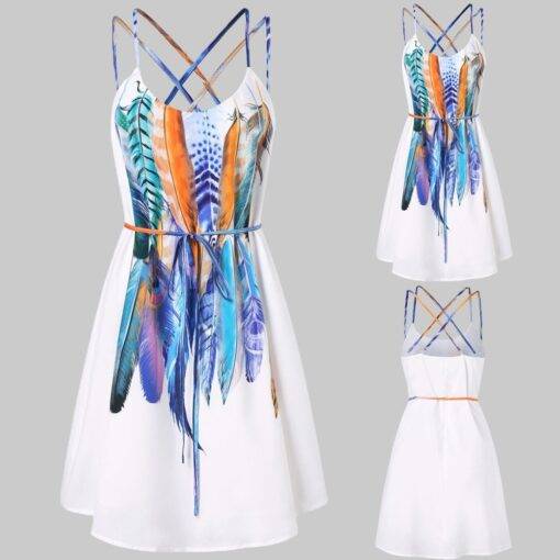 Women’s Strappy Feathers Printed Dress Dresses & Jumpsuits FASHION & STYLE cb5feb1b7314637725a2e7: White