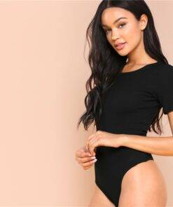 Women’s Minimalistic Short Sleeve Black Bodysuit Body Suits FASHION & STYLE cb5feb1b7314637725a2e7: Black 