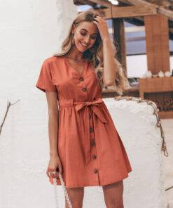 Cotton Casual V-Neck Dress Dresses & Jumpsuits FASHION & STYLE cb5feb1b7314637725a2e7: Apricot|Brick Red|Gray Green 