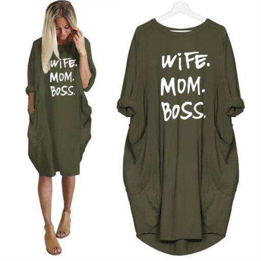 Women’s Casual Wife Mom Boss Printed Dress Dresses & Jumpsuits FASHION & STYLE cb5feb1b7314637725a2e7: Army Green|Black|Gray|Navy Blue|Pink|Wine Red