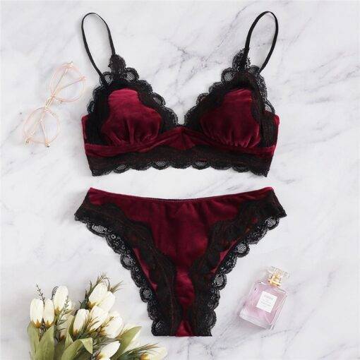 Women’s Velvet Scalloped Design Lingerie Set Bras & Lingerie FASHION & STYLE cb5feb1b7314637725a2e7: Burgundy|Green