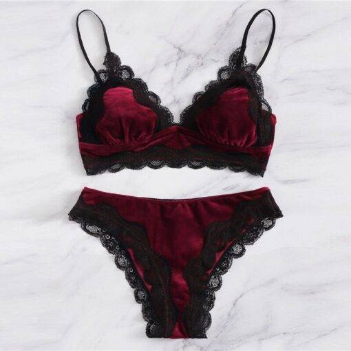 Women’s Velvet Scalloped Design Lingerie Set Bras & Lingerie FASHION & STYLE cb5feb1b7314637725a2e7: Burgundy|Green