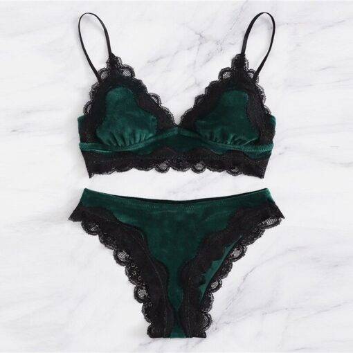 Women’s Velvet Scalloped Design Lingerie Set Bras & Lingerie FASHION & STYLE cb5feb1b7314637725a2e7: Burgundy|Green