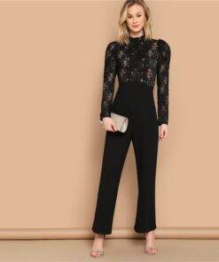 Women’s Lace Inserts Puff Sleeve Black Jumpsuit Dresses & Jumpsuits FASHION & STYLE cb5feb1b7314637725a2e7: Black 