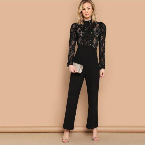 Women’s Lace Inserts Puff Sleeve Black Jumpsuit Dresses & Jumpsuits FASHION & STYLE cb5feb1b7314637725a2e7: Black