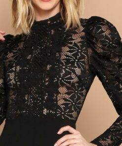 Women’s Lace Inserts Puff Sleeve Black Jumpsuit Dresses & Jumpsuits FASHION & STYLE cb5feb1b7314637725a2e7: Black 