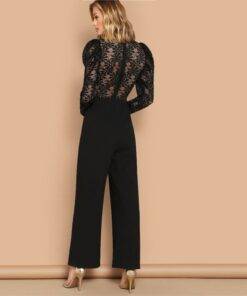 Women’s Lace Inserts Puff Sleeve Black Jumpsuit Dresses & Jumpsuits FASHION & STYLE cb5feb1b7314637725a2e7: Black 