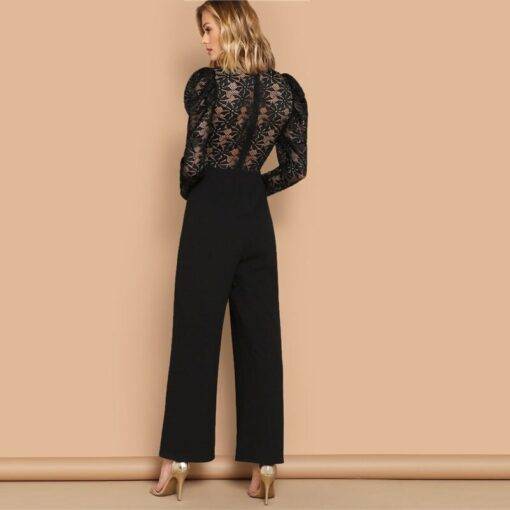 Women’s Lace Inserts Puff Sleeve Black Jumpsuit Dresses & Jumpsuits FASHION & STYLE cb5feb1b7314637725a2e7: Black