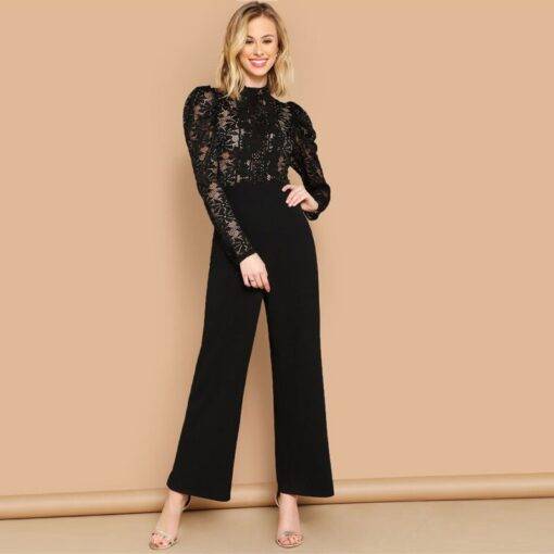 Women’s Lace Inserts Puff Sleeve Black Jumpsuit Dresses & Jumpsuits FASHION & STYLE cb5feb1b7314637725a2e7: Black