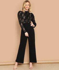 Women’s Lace Inserts Puff Sleeve Black Jumpsuit Dresses & Jumpsuits FASHION & STYLE cb5feb1b7314637725a2e7: Black 