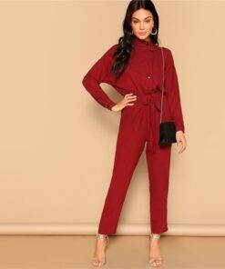 Women’s Burgundy Button Design Belted Jumpsuit Dresses & Jumpsuits FASHION & STYLE cb5feb1b7314637725a2e7: Burgundy 