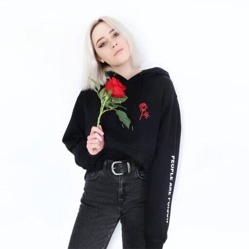 Women’s Rose Printed Black Hoodie FASHION & STYLE Sweaters & Sweatshirts cb5feb1b7314637725a2e7: Black