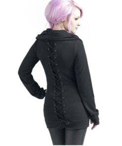 Women’s Lace Up Zip Hoodie FASHION & STYLE Sweaters & Sweatshirts cb5feb1b7314637725a2e7: Black 