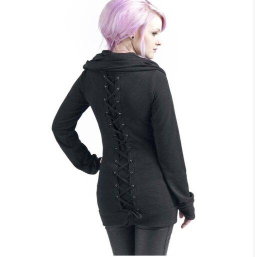 Women’s Lace Up Zip Hoodie FASHION & STYLE Sweaters & Sweatshirts cb5feb1b7314637725a2e7: Black