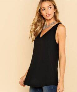 Women’s Asymmetrical Design V Neck Top Camisoles & Thermals FASHION & STYLE cb5feb1b7314637725a2e7: Black 