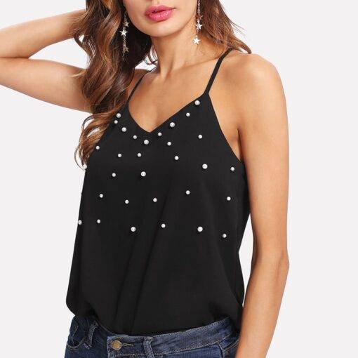 Women’s Pearl Beaded Cami Top Camisoles & Thermals FASHION & STYLE cb5feb1b7314637725a2e7: Black