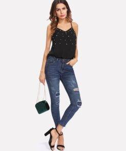 Women’s Pearl Beaded Cami Top Camisoles & Thermals FASHION & STYLE cb5feb1b7314637725a2e7: Black 