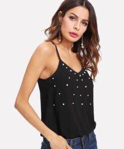 Women’s Pearl Beaded Cami Top Camisoles & Thermals FASHION & STYLE cb5feb1b7314637725a2e7: Black 