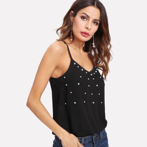 Women’s Pearl Beaded Cami Top Camisoles & Thermals FASHION & STYLE cb5feb1b7314637725a2e7: Black