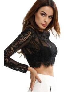 Long-Sleeved Black Lace Women’s Crop Top Camisoles & Thermals FASHION & STYLE cb5feb1b7314637725a2e7: Black 