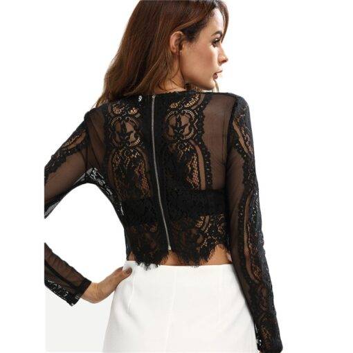 Long-Sleeved Black Lace Women’s Crop Top Camisoles & Thermals FASHION & STYLE cb5feb1b7314637725a2e7: Black