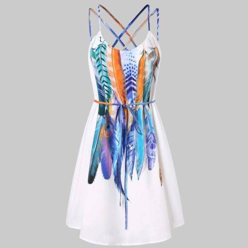 Women’s Strappy Feathers Printed Dress Dresses & Jumpsuits FASHION & STYLE cb5feb1b7314637725a2e7: White