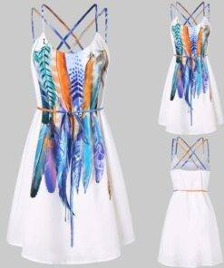 Women’s Strappy Feathers Printed Dress Dresses & Jumpsuits FASHION & STYLE cb5feb1b7314637725a2e7: White 