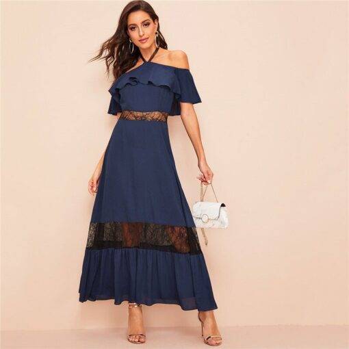 Women’s Ruffled Off Shoulder Navy Blue Dress Dresses & Jumpsuits FASHION & STYLE cb5feb1b7314637725a2e7: Navy Blue